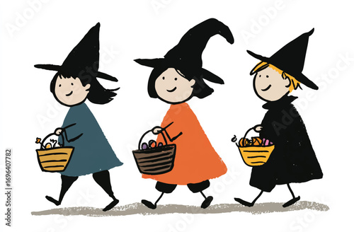 Halloween trick or treat witches kids costume party illustration children walking cute vector art
