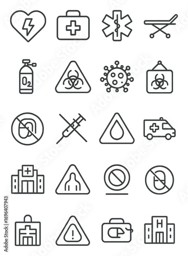 Medical emergencies icons in minimalistic line art style: defibrillator access, first aid kit, medical alert, stretcher area, oxygen supply,