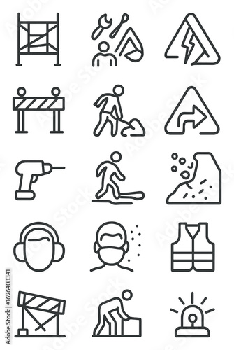 Construction zone warnings icons in minimalistic line art style: scaffolding caution, falling tools, excavation site, electrical hazard, barrier ahead