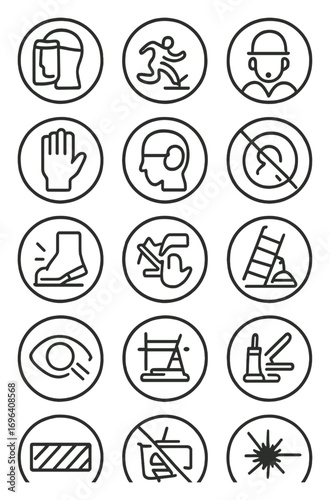Workplace safety requirements icons in minimalistic line art style: face shield required, falling hazard, earplugs required, PPE zone, gloves required