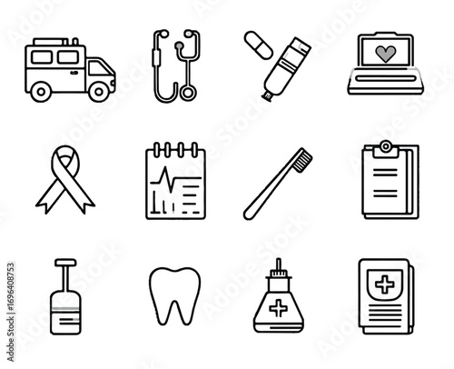 Health care and medical icons set vector illustration with diverse medical supplies and equipment