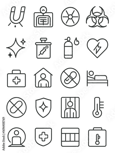 Medical facility warnings icons in minimalistic line art style: magnetic field, X-ray in use, radiation zone, infectious waste, clean zone, sharps