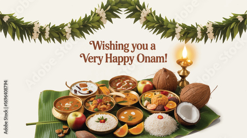 Celebrate the joyous spirit of Onam with this vibrant festival greeting card, adorned with a traditional floral carpet and a diya lamp, wishing you happiness and prosperity