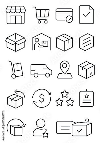 E-commerce shipping icons icons in minimalistic line art style: online store, shopping cart, payment processed, order confirmed, prepare order,