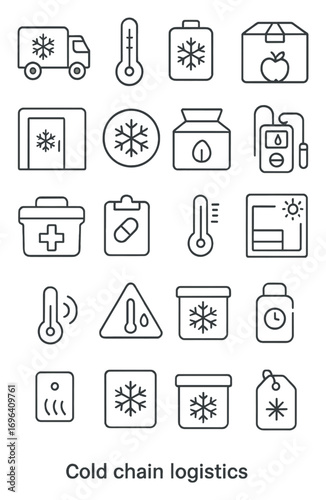 Cold chain logistics icons icons in minimalistic line art style: refrigerated truck, temperature monitor, ice pack, insulated box, cold room, frozen