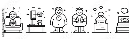 Illustration of different stages of a persons day from relaxation to bedtime routine showing linear depictions