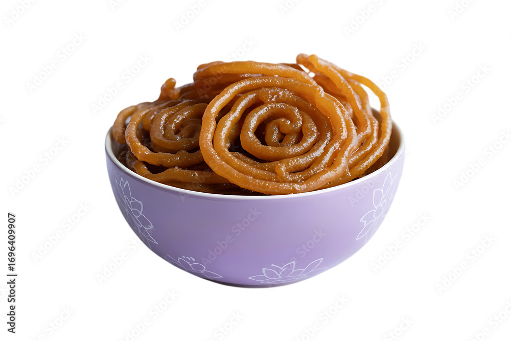 Fototapeta premium Crispy Orange Jalebi in Light Purple Bowl Isolated on Transparent Background