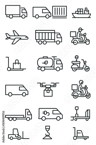 Logistics transport icons in minimalistic line art style: cargo truck, delivery van, shipping container, freight ship, airplane, train wagon, courier