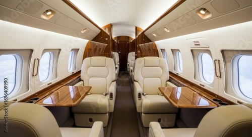 Private Jet Interior with Beige Leather Seats and Wooden Tables
