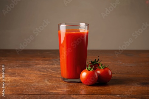 Fresh tomatoes and a glass of tomato juice on a rustic wooden surface