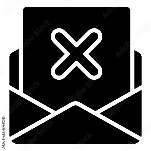 Mail Rejected Glyph Black Silhouette Icon Design Vector - Envelope with cross mark, representing rejected email, failed message, or blocked inbox