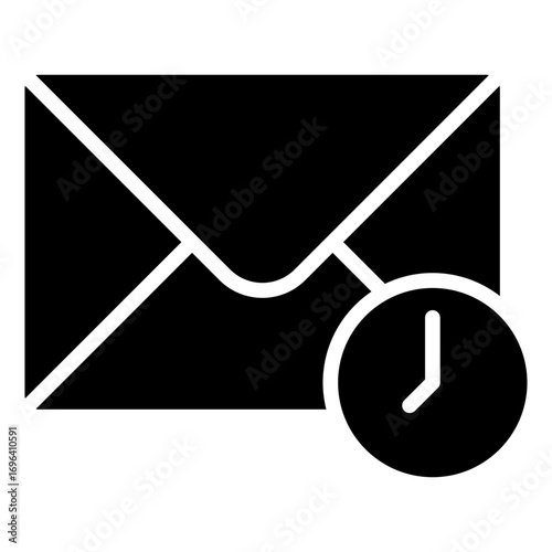 Mail Schedule Glyph Black Silhouette Icon Design Vector - Envelope with clock, symbolizing scheduled email, delayed sending, or message reminder