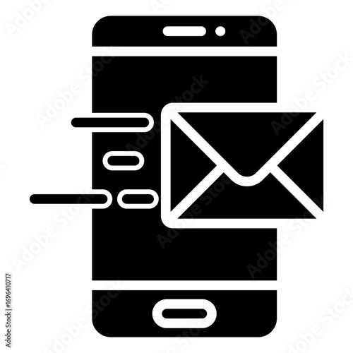 Mobile Mail Send Glyph Black Silhouette Icon Design Vector - Smartphone with outgoing envelope, representing email sending, message delivery, or mobile outbox