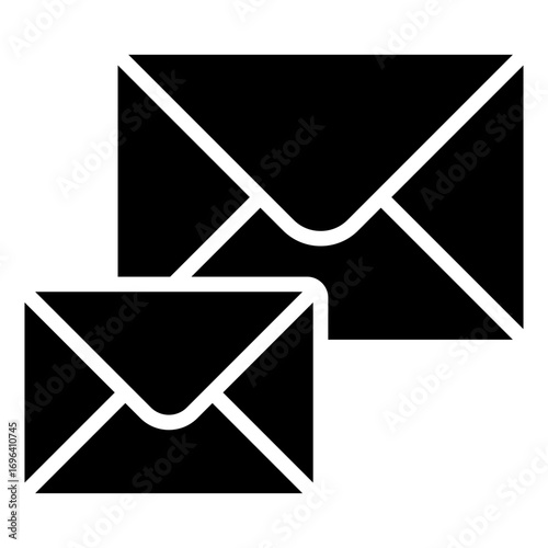Multiple Mail Glyph Black Silhouette Icon Design Vector - Two overlapping envelopes, symbolizing multiple messages, inbox, or bulk email