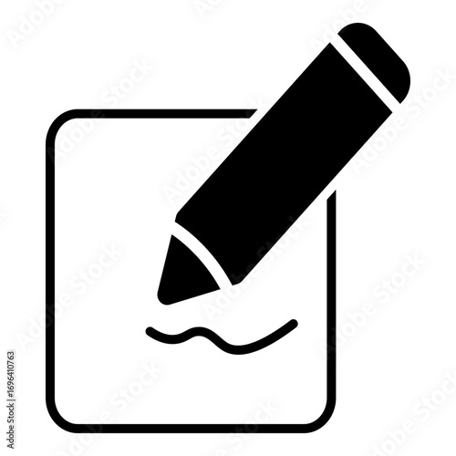 Conceptual, solid icon of a pencil writing on a paper or notepad, representing note-taking, content creation, or a document edit