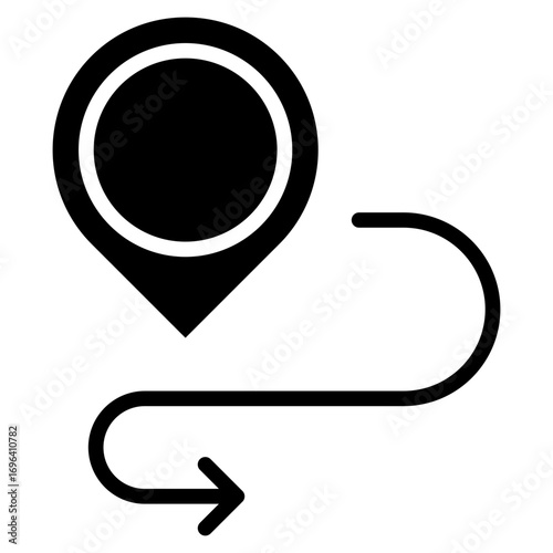 Location Path Glyph Black Silhouette Icon Design Vector - Map pin with curved path, symbolizing tracking, delivery route, or mail location