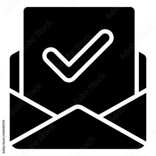 Mail Approved Glyph Black Silhouette Icon Design Vector - Envelope with check mark, representing verified email, approved message, or confirmation