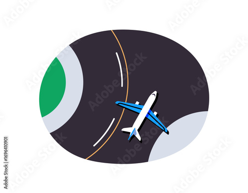 Aircraft takes off on airstrip top view. Above of landing plane on runway in airport. Passenger airplane arrives from flight to aerodrome. Flat isolated vector illustration on white background