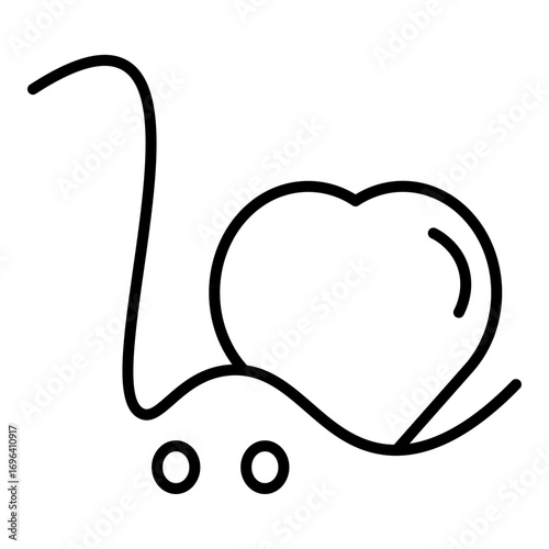 Minimalist outline icon depicting a shopping cart with a solid heart inside, symbolizing a wish list, favorite items, or loved products.