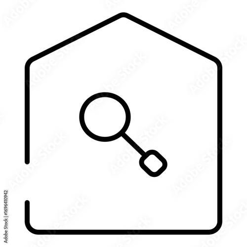 Minimalist outline icon depicting a house containing a magnifying glass, symbolizing a home search, real estate, or a building audit.