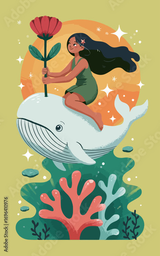 A strange image of a young woman with long black flowing hair riding a white whale in an underwater scene.