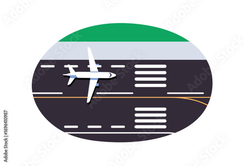 Aircraft is landing on runway top view. Above of commercial plane arriving at airport after flight. Overhead of taking off passenger airplane on airstrip. Flat isolated vector illustration on white