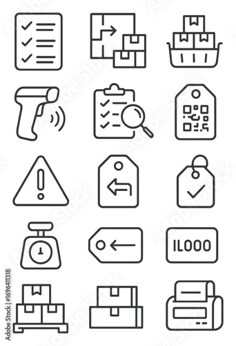 Inventory control icons in minimalistic line art style: stock list, warehouse map, item bin, barcode label, hand scanner, stock review, product code,