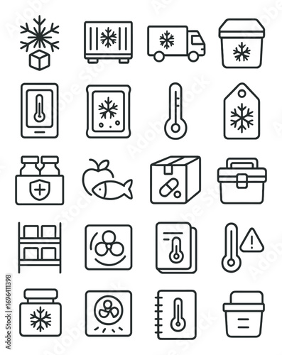 Cold chain logistics icons in minimalistic line art style: ice symbol, refrigerated container, freezer truck, insulated box, temperature monitor,