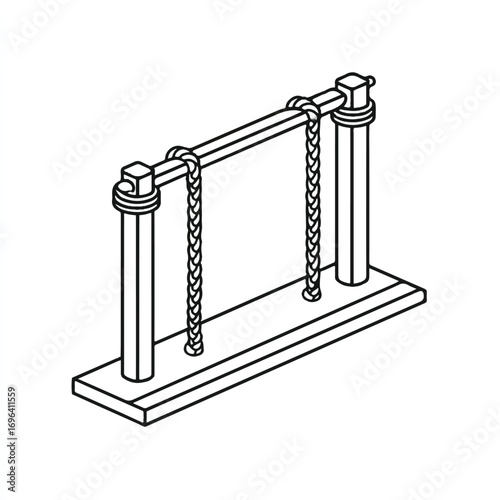 Isometric line drawing of a Newtons Cradle physics demonstration educational apparatus and toy showing simple science