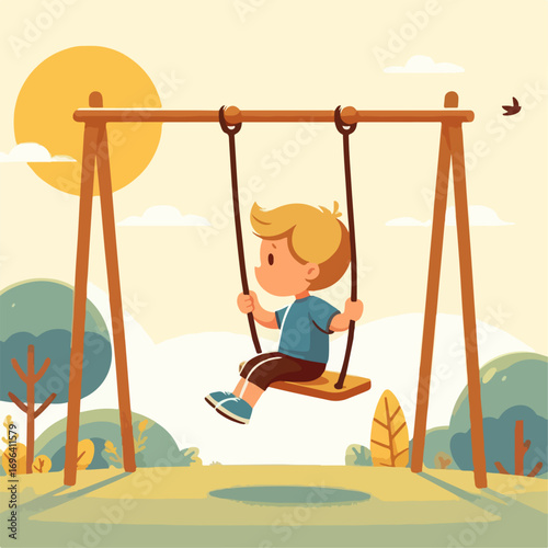 Cartoon illustration of a boy playing on a swing
