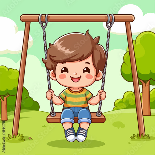 Cartoon illustration of a boy playing on a swing