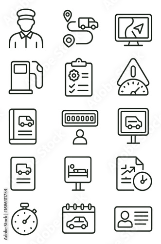 Fleet management icons in minimalistic line art style: driver icon, truck route, vehicle dashboard, GPS monitor, fuel icon, maintenance checklist,