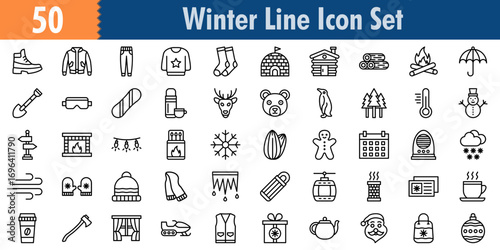 Winter icon set in Outline style. Minimilist and trendy Icon set. Containing Icons,Boots,Jacket,Trouser,Sweater,Socks,Igloo,and so on�
