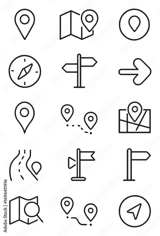 Fototapeta premium Map and navigation icons in minimalistic line art style: map pin, folded map, GPS signal, location marker, compass, street sign, distance icon, turn