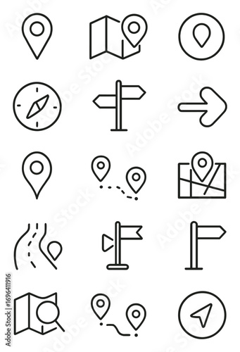 Map and navigation icons in minimalistic line art style: map pin, folded map, GPS signal, location marker, compass, street sign, distance icon, turn