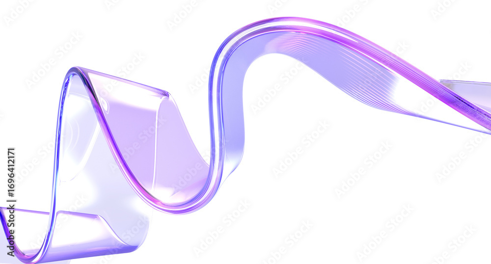 custom made wallpaper toronto digital3d glass holographic liquid transparent ribbon wave line render. Abstract fluid gradient tape. Fluid flow curve shape with flare and motion effect in purple pink light hologram colors