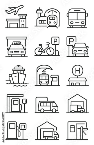 Transportation hubs icons in minimalistic line art style: airport icon, seaport, train terminal, bus stop, taxi rank, bike station, parking spot, toll