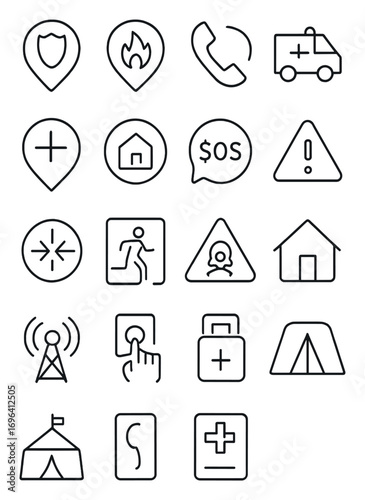 Emergency locations icons in minimalistic line art style: police station pin, fire station, emergency phone, ambulance bay, first aid pin, disaster