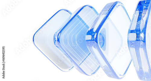 Fototapeta Naklejka Na Ścianę i Meble -  Abstract geometric 3d background with light blue glass transparent square plates render. Digital technology banner with crystal glossy block shapes in row. Modern arrow line pattern