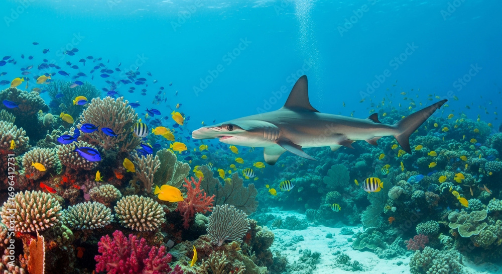 Fototapeta premium Ocean scene featuring a shark and vibrant coral reef teeming with colorful fish.