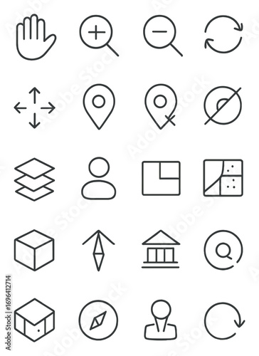 Map interaction tools icons in minimalistic line art style: pan hand icon, zoom in, zoom out, rotate view, drag map, place pin, remove marker, switch