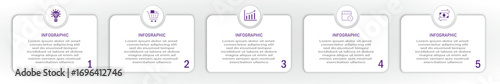 Business progress or process visualization with 5 steps white diagrams with icon on circle | Infographic modern marketing chart | Elegant violet abstract innovation for presentation, report