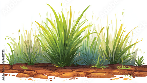 Lush green grass growing from cracked earth providing a calming sense of nature with artistic illustration style