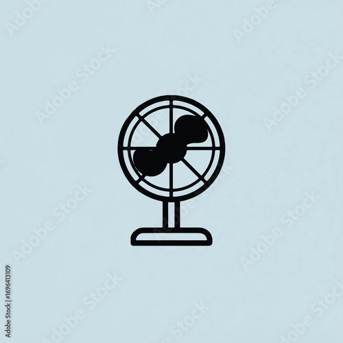 Minimalist black fan icon on light blue background symbol of summer and cool breeze