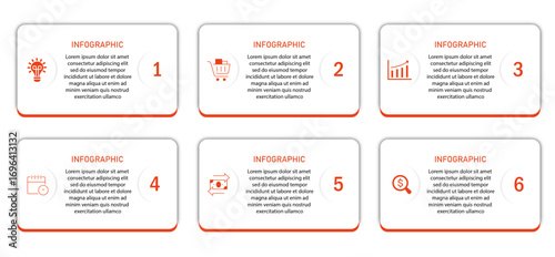 Business progress or process visualization with two row 6 steps white diagrams with icon | Infographic modern marketing chart | Elegant border abstract innovation for presentation, report