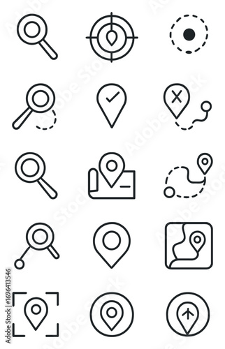 Search and tracking icons in minimalistic line art style: magnifier pin, target location, tracking dot, search result, signal strength, pin found,
