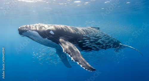 A majestic humpback whale swims gracefully through the deep blue ocean waters, surrounded by fish.