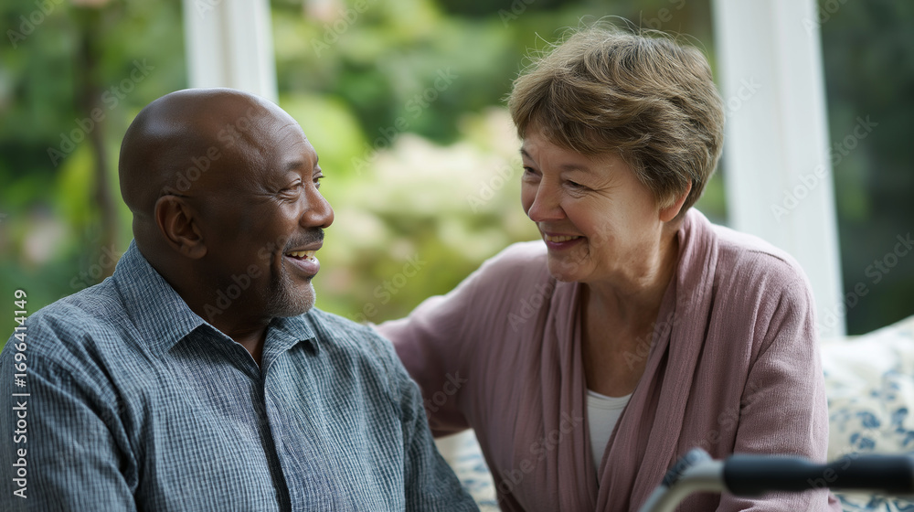 Obraz premium Black man sitting on sofa talking with senior Caucasian woman both engaged in conversation in home setting walker visible in background indicating mobility assistance home