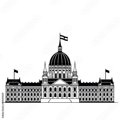 Iconic Parliament Building Flat 2D Vector - Distinctive Dome, National Flag, Minimalist Black and White Government Architecture Icon