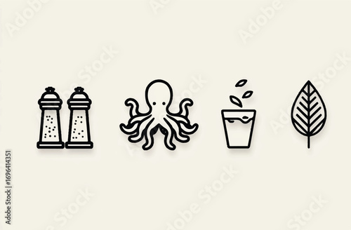Minimalist vector illustration featuring cooking seasoning octopus leaves and sprouting seeds in a light colored background